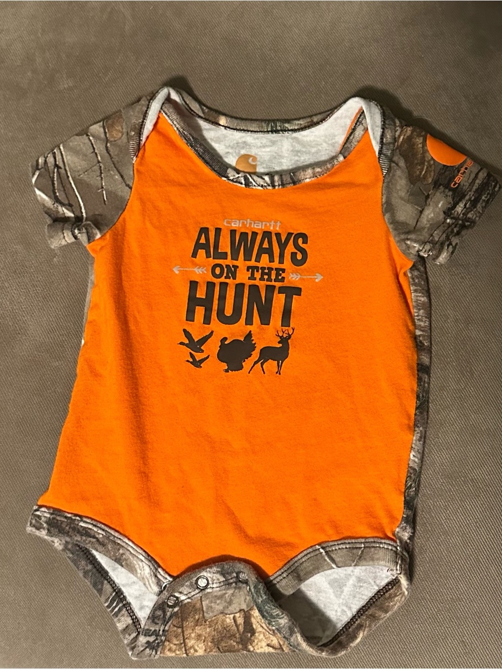 Carhartt Orange Camo Trim "Always on the Hunt" Short Sleeve Bodysuit